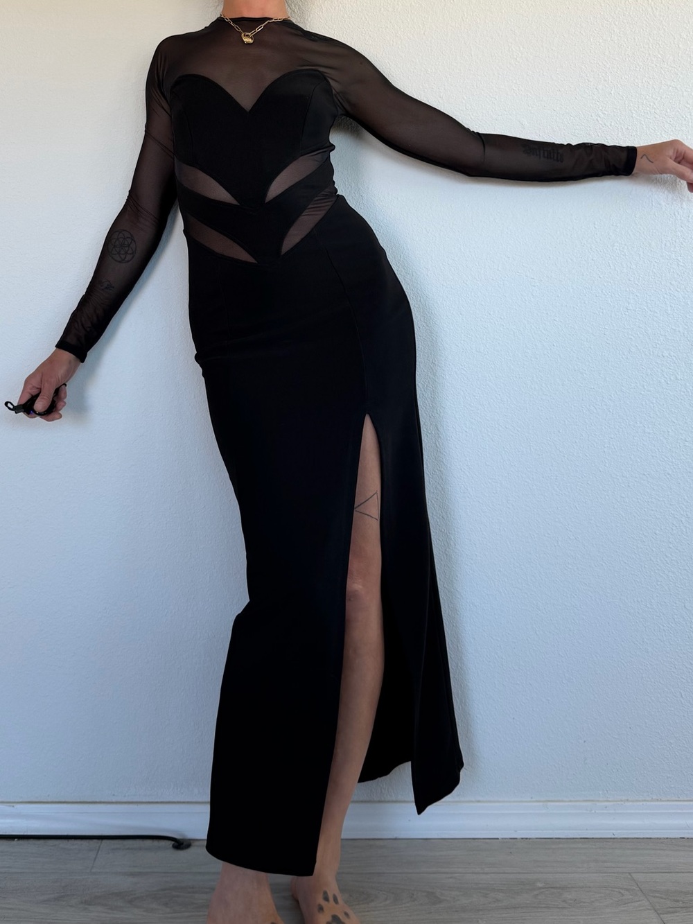 Vintage Carabella Black Sheer Panel Long Sleeve Slit Dress